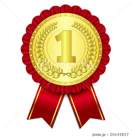 awesome 3d gold badge with red ribbon - Stock Illustration