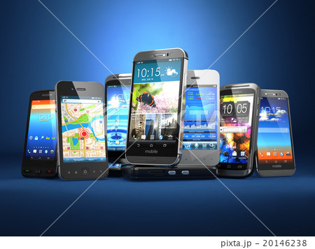 Choose mobile phone. Row of t smartphones on blue  20146238