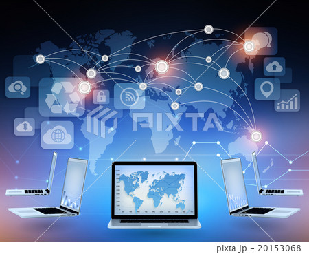 Laptops and world map with connection points in 20153068
