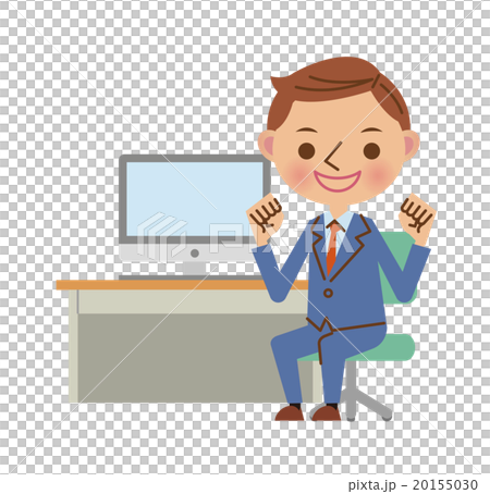 Businessman using laptop computer at desk (Guts pose) 20155030