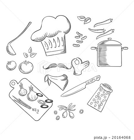 Chef preparing vegetarian salad, sketch icons Chef preparing vegetarian salad, sketch icons 20164068