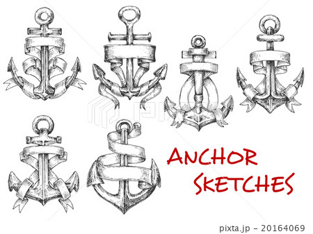Sketches of old heraldic anchors with ribbons Sketches of old heraldic anchors with ribbons 20164069