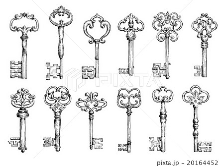 Vintage Keys Sketches With Swirl Forging Stock Illustration