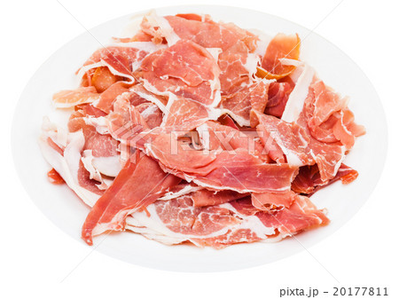 thin sliced uncooked jerked pork on plate isolated thin sliced uncooked jerked pork on plate isolated 20177811