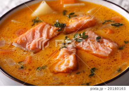Tasty fish soup with salmon and vegetables macro Tasty fish soup with salmon and vegetables macro 20180163