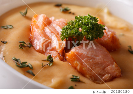 Thick soup puree of red fish macro in a bowl 20180180