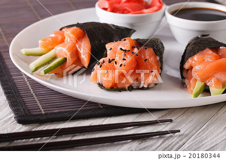 Temaki salmon sushi with soy sauce Temaki salmon sushi with soy sauce 20180344