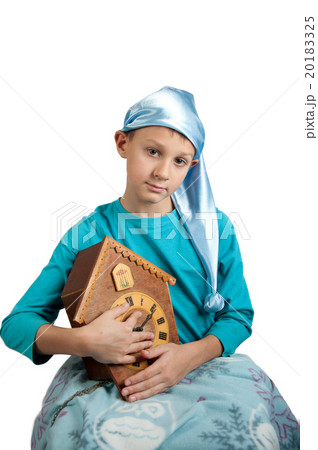 Cute boy holding clock isolated on white 20183325