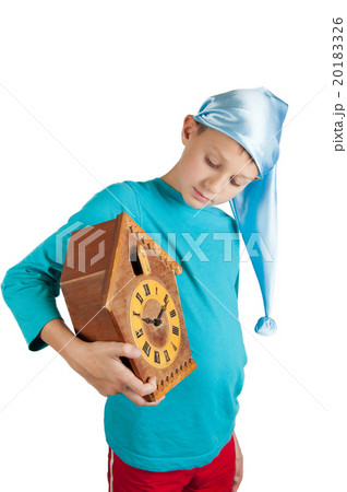 Cute boy holding clock isolated on white 20183326