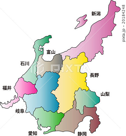 中部地方の地図と県名のイラスト素材