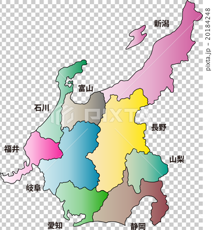 中部地方の地図と県名のイラスト素材