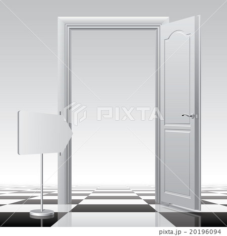 White open door with a sign on the chess floor.  20196094