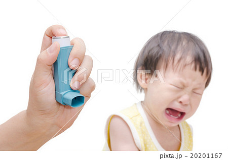 Woman's hand holding asthma inhaler and baby  20201167