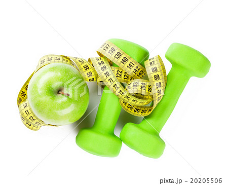 Dumbbells, apple and tape measure 20205506