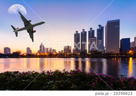 Modern building with flower, airplane and moon 20206623