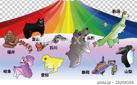 地図の動物 中部地方と虹色富士山のイラスト素材 9168