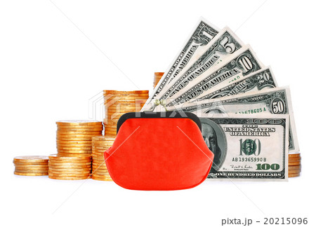 Many coins in column, red purse and dollars 20215096