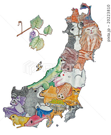 地図の動物 東日本 色鉛筆画のイラスト素材