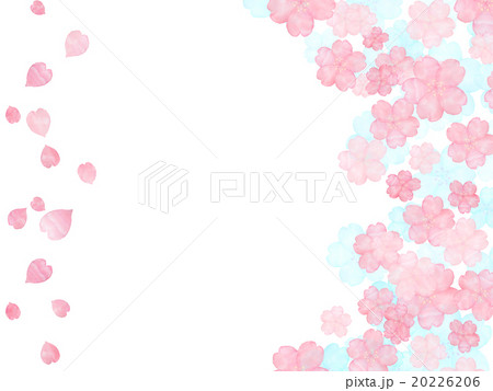 桜 花びら 桜吹雪 新緑 爽やか イラスト コピースペース 額 フレーム 水彩画 手描き 手書き のイラスト素材 2266