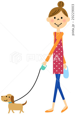 エプロンの女性　犬の散歩 20229003