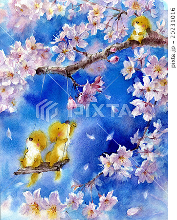 桜と犬 ブランコのイラスト素材