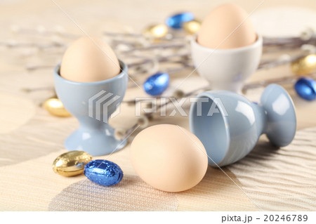 Eggs in white and blue eggcups 20246789