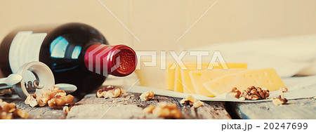 Red Wine Walnuts Cheese on Wooden Table Country 20247699
