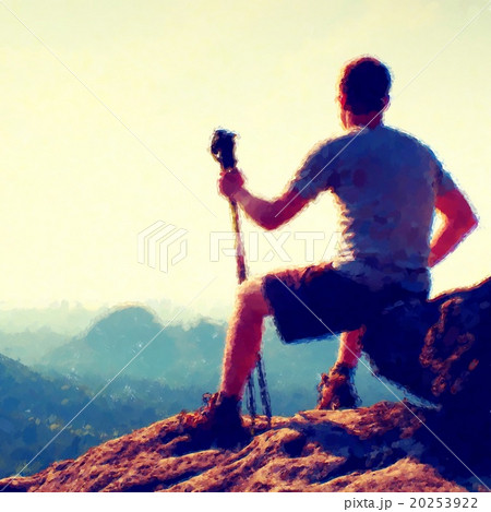 Watercolor paint. Paint effect. Tired tourist sit Watercolor paint. Paint effect. Tired tourist sit 20253922