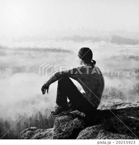 Watercolor paint effect. Man sit on peak of rock Watercolor paint effect. Man sit on peak of rock 20253923