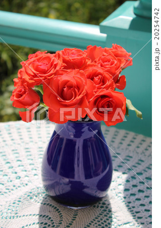 Bouquet of red roses in vase on the garden terrace 20254742