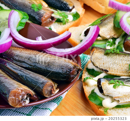 Sprats sandwiches, appetizer, vegetables on paper Sprats sandwiches, appetizer, vegetables on paper 20255323