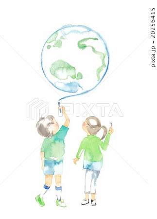 チョークと子ども2人 地球のイラスト素材