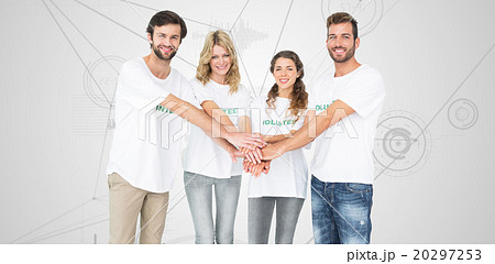 Composite image of group portrait of happy volunteers with hands Composite image of group portrait of happy volunteers with hands 20297253