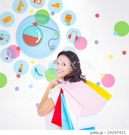 Composite image of pretty brunette with shopping bags Composite image of pretty brunette with shopping bags 20297421