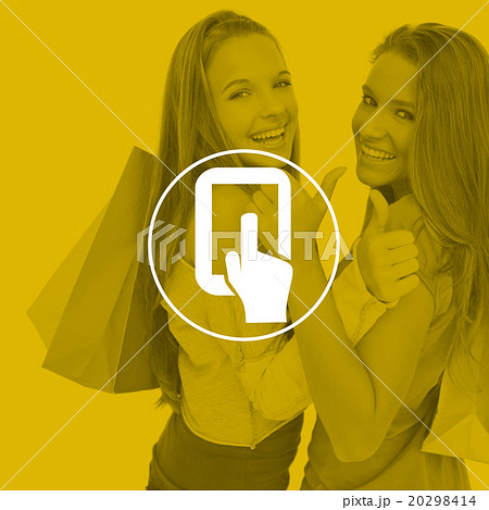 Composite image of rear view of two young women the thumbup with shopping bags Composite image of rear view of two young women the thumbup with shopping bags 20298414