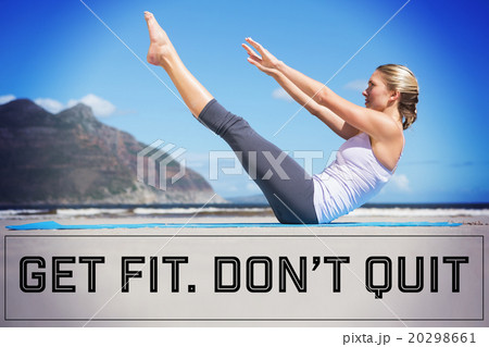 Composite image of focused fit blonde doing yoga on the beach 20298661
