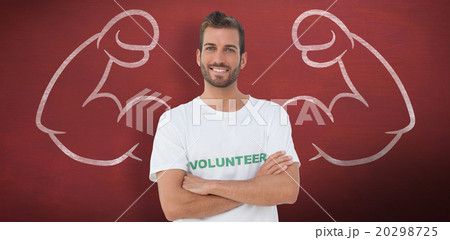 Composite image of portrait of a happy male volunteer with hands Composite image of portrait of a happy male volunteer with hands 20298725