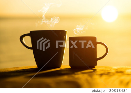 Silhouettes of morning coffee on the lake. 20318484