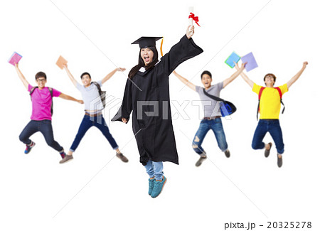 Happy  student group in graduate robe jumping 20325278