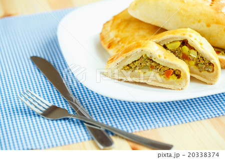 Pie stuffed with meat on a white plate 20338374