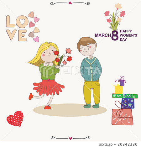 Boy presented to girlfriend bouquet flowers 20342330