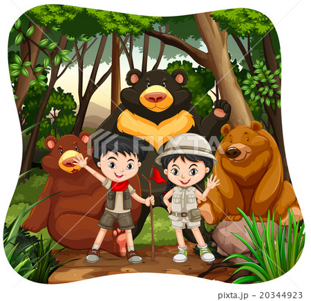 Children and grizzly bears in the woods 20344923