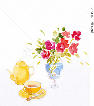 紅茶と花のイラストのイラスト素材