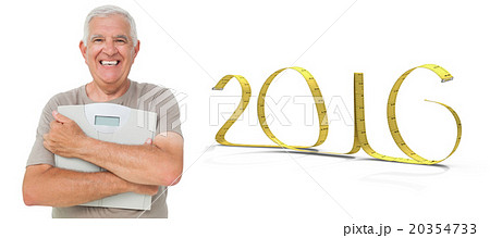 Composite image of portrait of a cheerful senior man with scales Composite image of portrait of a cheerful senior man with scales 20354733