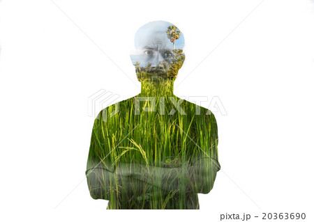 Double exposure of serious man with rice field Double exposure of serious man with rice field 20363690