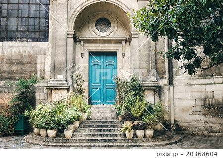 Old Turquoise Door with Stairs and Flower Pots Old Turquoise Door with Stairs and Flower Pots 20368604