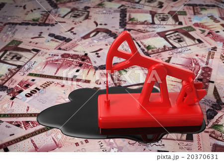 Red Pumpjack And Spilled Oil On Saudi Riyals 20370631