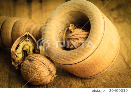 walnuts and nutcracker on rustic wooden table walnuts and nutcracker on rustic wooden table 20400050