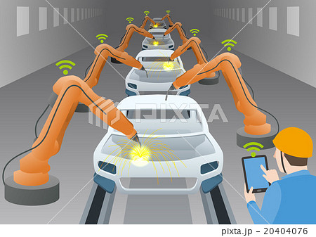 自動車工場と溶接ロボットを操作するエンジニア Industry 4 0 イメージイラストのイラスト素材