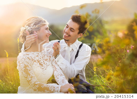 Young wedding couple on summer meadow 20415314